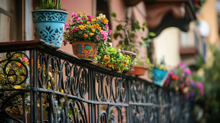 A close-up of a wrought iron balcony railing, with intricate designs and a few blooming plants in colorful pots hanging along the edge.の素材