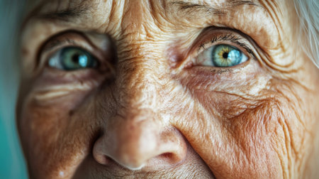 A close-up of an elderly face, highlighting her gentle wrinkles and soft, expressive eyes with a warm and serene expression.の素材