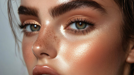A close-up of face with full glam makeup, including shimmering highlighter, bold brows, and a perfectly blended eyeshadow palette.の素材