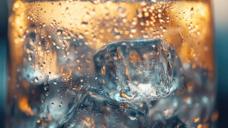 A close-up of sparkling ice cubes in a glass, with light refracting through the clear, frozen pieces and condensation forming on the surface.の素材