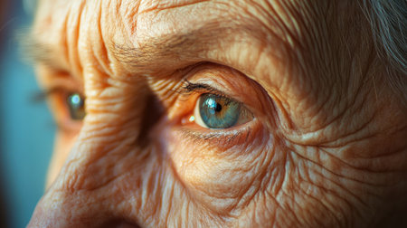 A detailed shot of an elderly woman face with delicate wrinkles, showing the wisdom and grace that comes with her years of life experience. -の素材