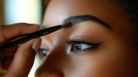 A detailed shot of a woman applying the final touches to her makeup, with a focus on her perfectly shaped eyebrows and glowing skin.の素材