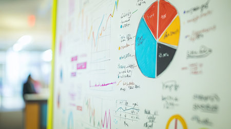 A detailed shot of a pie chart displayed on a whiteboard, with colorful segments and handwritten notes explaining the data segments.の素材
