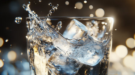 A detailed shot of a glass filled with ice and a splash of liquid, capturing the dynamic movement and the play of light through the ice.の素材