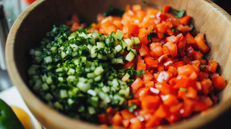 A detailed shot of a bowl of fresh ingredients, such as chopped vegetables and herbs, ready to be mixed for a flavorful dish.の素材