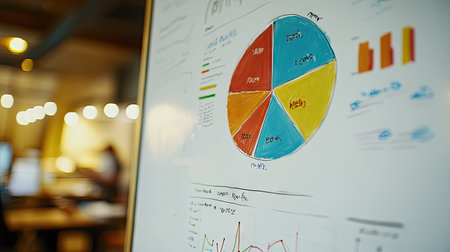 A detailed shot of a pie chart displayed on a whiteboard, with colorful segments and handwritten notes explaining the data segments.の素材