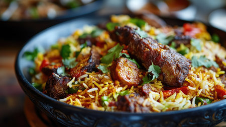 A detailed shot of a plate of vibrant biryani, highlighting the colorful layers of rice, spices, and tender meat or vegetables with fresh herbs.の素材