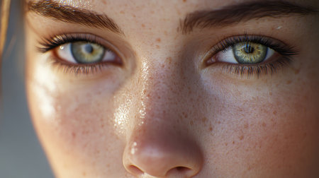 A detailed shot of a woman's face, focusing on her expressive eyes and the delicate contours of her cheeks, with soft natural lighting.の素材