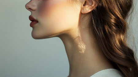 A detailed shot of a woman's profile, highlighting the elegant curve of her jawline, neck, and perfectly styled hair cascading down.の素材