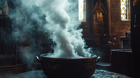 A dramatic shot of smoke billowing from a cauldron, giving a magical and mysterious feel to the scene.の素材