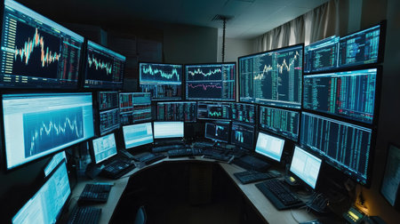 A financial graph displayed on multiple monitors in a trading room, capturing the fast-paced environment of stock trading.の素材