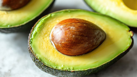A detailed view of a ripe avocado cut in half, showcasing the creamy green flesh and the large, smooth pit in the center.の素材