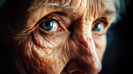 A detailed view of an elderly woman with expressive eyes and a soft, contemplative expression, capturing the depth of her life experience.の素材