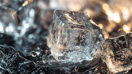 A detailed view of ice cubes melting in a glass, with droplets of water pooling around the cubes and forming a wet, textured surfaceの素材