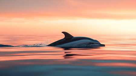 A dolphin's dorsal fin breaking the surface of the water as it swims in a calm ocean at dawn, with soft pink and orange hues in the sky.の素材