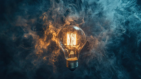 A dramatic shot of smoke swirling around a glowing light bulb, symbolizing creativity and inspiration.の素材