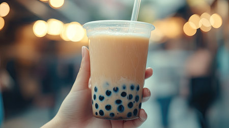 A macro shot of a hand holding a cup of bubble tea with a clear straw, focusing on the mix of milk tea and black pearls inside.の素材