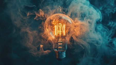 A dramatic shot of smoke swirling around a glowing light bulb, symbolizing creativity and inspiration.の素材
