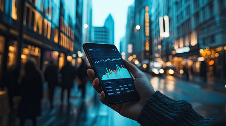 A financial graph with sharp rises and falls, displayed on a smartphone screen held by a businessperson in a bustling urban environment.の素材
