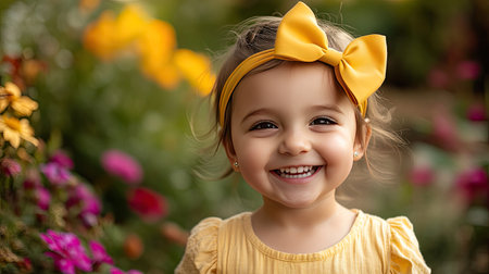 A little girl wearing a bright yellow bow headband, smiling happily in a garden full of blooming flowers.の素材