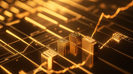 A financial graph showing exponential growth, placed over a background of gold bars, symbolizing wealth and investment.の素材