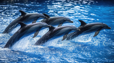 A group of dolphins swimming together in a synchronized formation, showing their natural grace and coordination.の素材