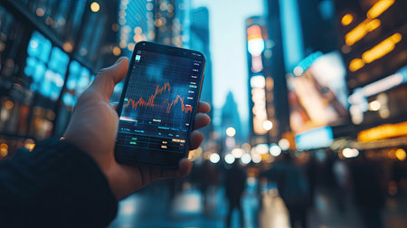 A financial graph with sharp rises and falls, displayed on a smartphone screen held by a businessperson in a bustling urban environment.の素材