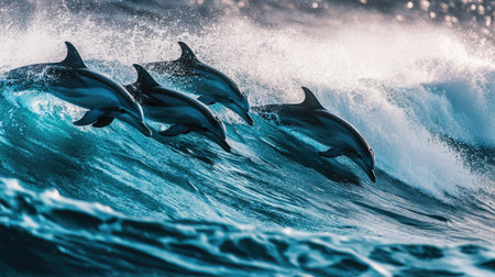 A group of dolphins riding the waves of a breaking wave, their sleek bodies cutting through the water effortlessly.の素材