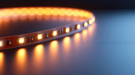 A macro shot of a LED light strip, showcasing the bright, evenly spaced lights and the cool, modern look of the glowing strip.の素材