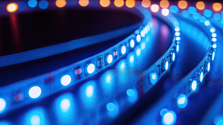A macro shot of a LED light strip, showcasing the bright, evenly spaced lights and the cool, modern look of the glowing strip.の素材