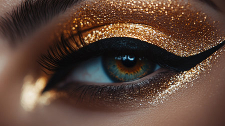 A macro shot of a woman's eye with a glittering gold eyeshadow and precise black eyeliner, capturing the intricate detail of her makeup.の素材