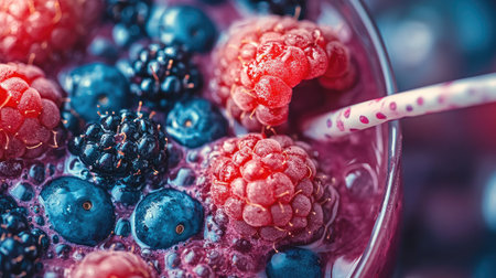 A macro shot of a mixed berry smoothie, showing the vibrant colors of blended raspberries, blueberries, and blackberries, with a straw inserted.の素材
