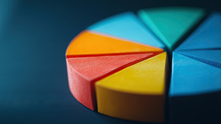 A macro shot of a pie chart in a presentation slide, capturing the distinct slices and their labels with a professional backdrop.の素材