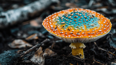 A macro shot of a wild mushroom with vibrant colors and unique shapes, set against a backdrop of forest floor debris.の素材