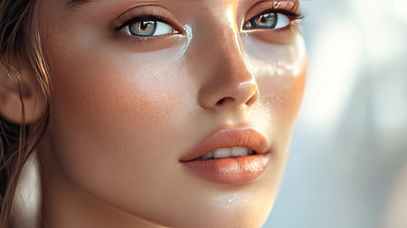 A macro shot of a woman face with dewy, radiant skin, subtle makeup, and a soft expression, set against a blurred background.の素材