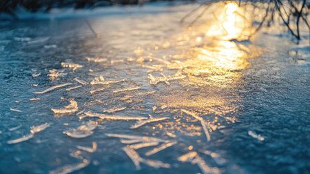 A macro shot of ice forming on the surface of a frozen pond, displaying the delicate patterns and texture of the frost. -の素材