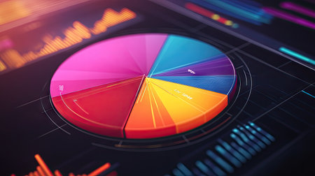 A macro view of a pie chart on a computer screen, highlighting the colorful segments and accompanying legend detailing data values.の素材