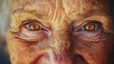 A macro shot of an elderly woman face, capturing the warmth of her smile, the gentle creases around her eyes, and the softness of her features.の素材