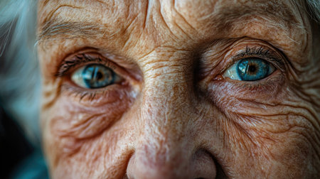 A macro shot of an elderly woman face, capturing the texture of her skin, the grace of her age, and the wisdom reflected in her eyes.の素材