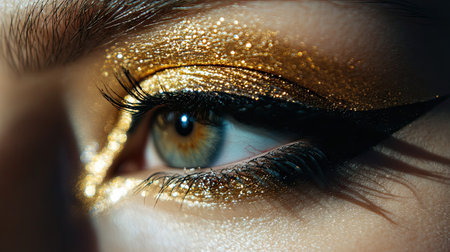 A macro shot of a woman's eye with a glittering gold eyeshadow and precise black eyeliner, capturing the intricate detail of her makeup.の素材