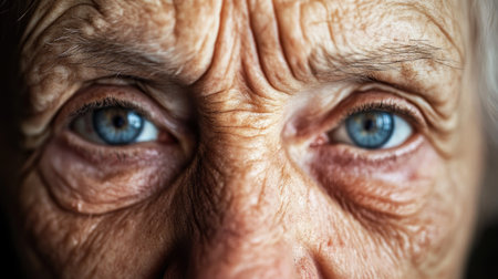 A macro shot of an elderly woman face, capturing the texture of her skin, the grace of her age, and the wisdom reflected in her eyes.の素材