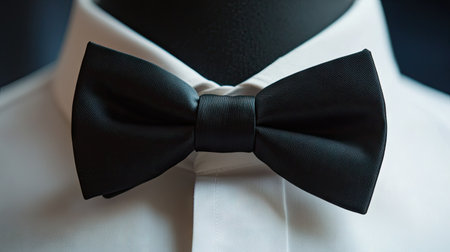 A stylish bow tie in classic black, placed on a crisp white shirt, ready for a formal event.の素材