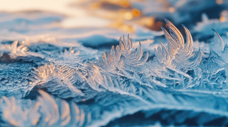 A macro shot of ice forming on the surface of a frozen pond, displaying the delicate patterns and texture of the frost. -の素材