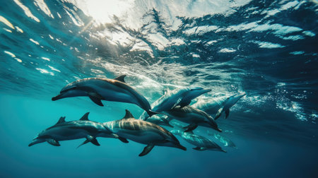 A pod of dolphins swimming beneath a boat, their smooth bodies visible through the clear, turquoise waters of a tropical sea.の素材