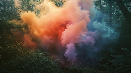 A mystical scene of colored smoke drifting through a dense forest, creating a dreamlike atmosphereの素材