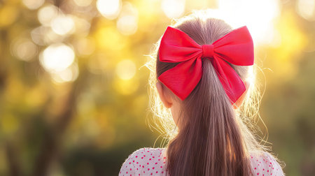 A vibrant red bow tied around a young girl's ponytail, with a blurred background of a sunny park.の素材