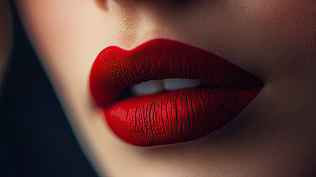 A macro shot of a woman's lips, coated in a rich, matte red lipstick, capturing the smooth texture and vibrant color.の素材
