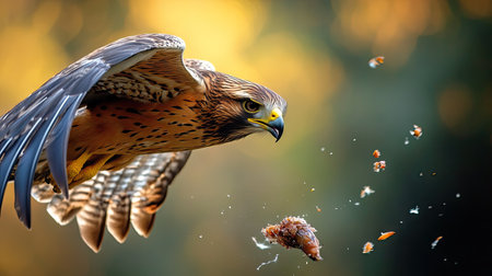 Close-up of a bird catching prey in flight, with sharp focus on the bird and its environment -の素材