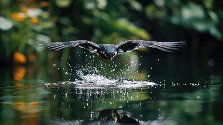 Close-up of a bird flying just above water, with reflection and water droplets visibleの素材