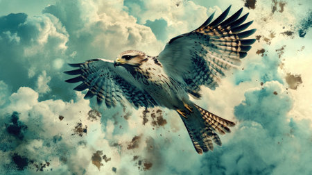 Close-up of a bird in mid-air, with detailed wing patterns and a backdrop of cloudsの素材